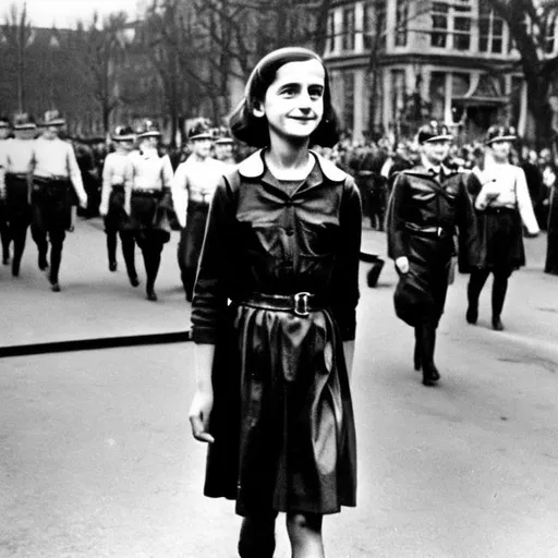 Prompt: anne frank wearing a black leather nazi gestapo parade uniform