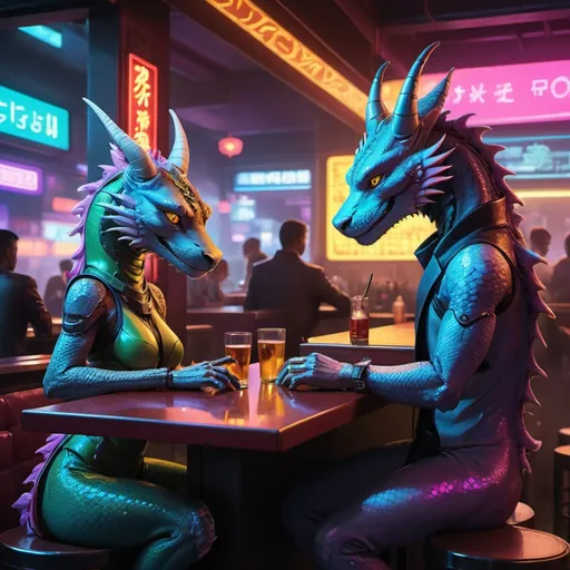 Prompt: In a bustling cyberpunk noodle bar, amidst a diverse crowd of anthropomorphic furry animals, a pair of elegant anthro dragons sit at the bar. The neon lights reflect off their scales as they enjoy a quiet moment, surrounded by the energetic hum of the futuristic city. Capture the fusion of intimacy, technology, and diverse characters in this vibrant cyberpunk scene.