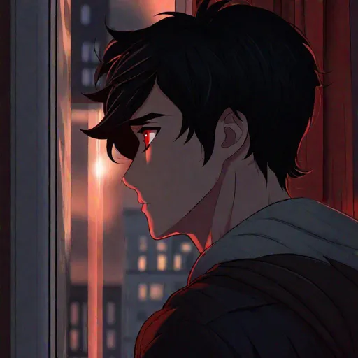 Prompt: Damien  (male, short black hair, red eyes) staring out the window, stalking