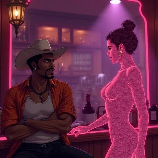 Prompt: In a luxurious, neon-lit bar, @TRzJfEbYXKjmZAhFV8fB sits as a bartender approaches—her entire silhouette made of flowing pink digital code, no skin, no face, just pure data. The light ripples across her form as she moves with precision. Duke watches, amazed, as the code shifts like a living algorithm.