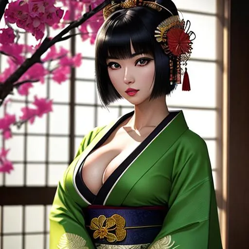 Prompt: (masterpiece), realistic, tunning hyperrealistic photograph, extremely detailed photo of an amazing Incredibly japanese 26-year-old girl, kimono, perfect body proportion, d-cup, short straight black hair, bangs, highly Detailed skin textures, a perfect detailed face with bright makeup, highly detailed symmetric dark eyes with green circular iris,fuller lips, octane render, intricately detailed, trending on art station, Isometric, hyper realistic cover photo, awesome full color, hand-drawn, high definition, cinematic, neoprene, style, 8 life-size, 8k Resolution, curiously complete, elegant,  dynamic, highly detailed, character sheet, concept art, smooth, positioned so that their bodies are symmetrical and balanced directly towards the viewer, smile