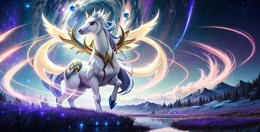 Prompt: Arceus V Star Pokémon, stunning, epic pose, Arceus full form,
 {{{{highest quality concept art masterpiece in the style of Kayawoo }}}, night setting,  digital drawing oil painting, 128k UHD HDR, Holographic background, stars in the sky, hyperrealistic intricate, arms folded looking epic, graphic comic (HDR, UHD, 64k, best quality, RAW photograph, best quality, cute, masterpiece:1.5,Ultra realistic high definition .  {{{{highest quality concept art masterpiece}}}} digital drawing oil painting, 128k UHD HDR, hyperrealistic intricate. Unreal engine 5