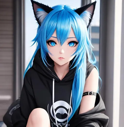 Anime girl with blue eyes, brown hair and she's wearing a black hoodie