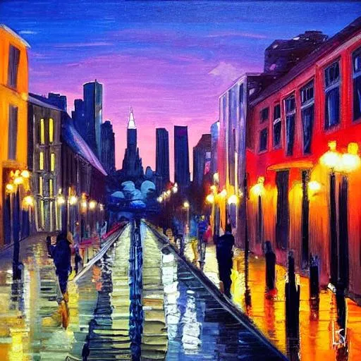 Prompt: Evening, shifts, beautiful, city streets, painting