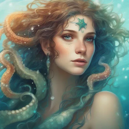 Prompt: A beautiful, enchanting and colorful and caucasian Canadian/Irish/French with light freckles woman (a greek goddess of the sea) with magical tentacles as hair, some gentle scales on her skin and jewelry in the style of the sea, starfish and seaweed staring confidently profile picture