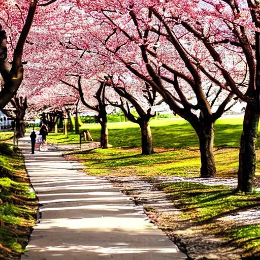 Prompt: cherry blossom trees, cherry blossoms, pathway, flower trees, flowers