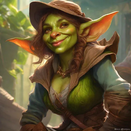 Prompt: Three-quarters portrait of lively goblin tradeswoman, female goblin, highly regarded, highly detailed, digital painting, art by Stanley Lau and Artgerm and magali villeneuve and Alphonse Mucha, artstation, octane render, cgsociety
