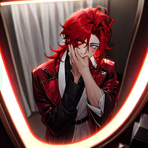 Prompt: Zerif 1male (Red side-swept hair covering his right eye) getting ready for his concert backstage, in the dressing room, UHD, 8K, highly detailed