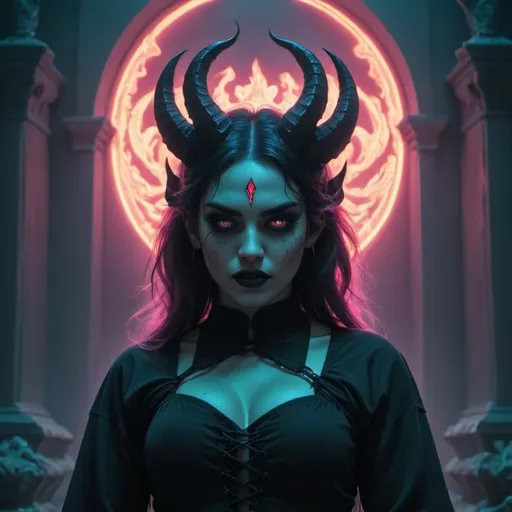 Prompt: beautiful female demon, hell, demonic, gothic, vaporwave, retro, neon, aesthetic, liminal, high quality, high definition, beautiful, dramatic lighting