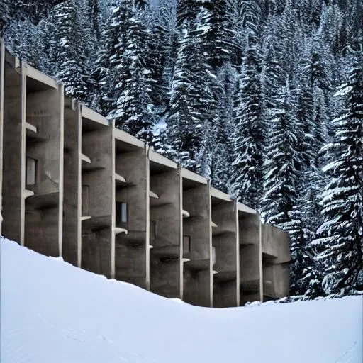 Prompt: brutalist architecture on the side of a snowy mountain.