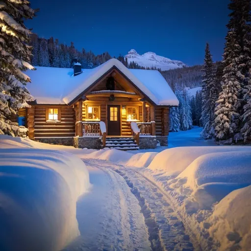 Prompt: a snow covered path leading to a cabin at night, cozy home background, cozy place, log homes, beautiful winter area, soothing and cozy landscape, cozy atmosphere, snowy night, chalet, burried in snow at night, pleasant cozy atmosphere, cozy setting, log cabin, snowy winter christmas night, beatiful house, cozy and calm, cozy environment, winter night 