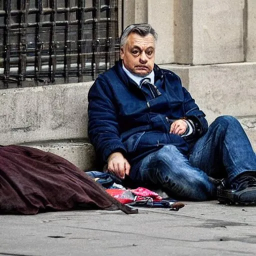 Prompt: Orbán viktor as homeless