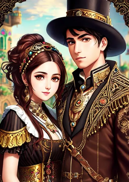 Prompt: boy and girl, (azerbaijani ethnic group), steampunk fashion, multiple portrait, (very detailed background1.2) (highly detailed background1.2), (manga style by MAPPA)