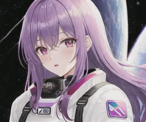 Prompt: Girl with purple hair and red eyes wearing a spacesuit in space 