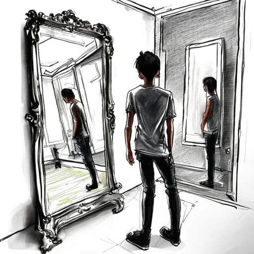 Prompt: A  1 person looking to a mirror drawing
