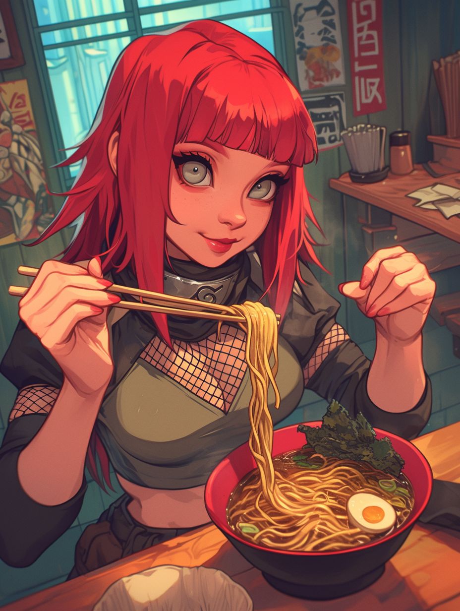 Prompt:  Young woman, full body, in her twenties, redhead hair, ninja cut, bangs, strands, white iris eyes, black eye shadow, black khol, black eyeliner, big eyes, black eyelid. Wearing a ninja outfit, Naruto style. Ramen restaurant background. She's eating ramen joyfully. She has feminine gorgeous curves, thin body, plump lips, gorgeous face, confident face, beautiful eyes, and dim lighting, ninja pose. Rich details. Detailed lines, action-packed cartoons, dnd character, mythology academia, vibrant colors