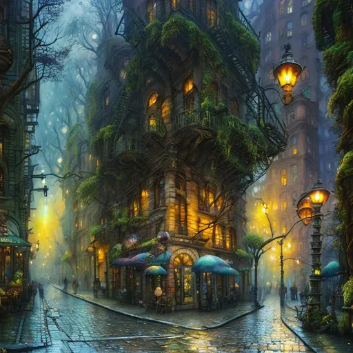 Prompt:     Cobblestone street, Fantasy Forest trees, Watercolor, steampunk, New York City street,  near death experience, buildings,  trees, tall trees along street, storefront, sunrise, petals rain, watercolor , New York City,  art by Daniel Merriam, Josephine Wall, Zdzisław Beksiński,  Alayna Danner,  super clear resolution,  intricate, highly detailed, crispy quality, dynamic lighting, hyper-detailed and realistic, fantastic 