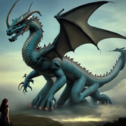 Prompt: A huge dragon, with horns, large wings