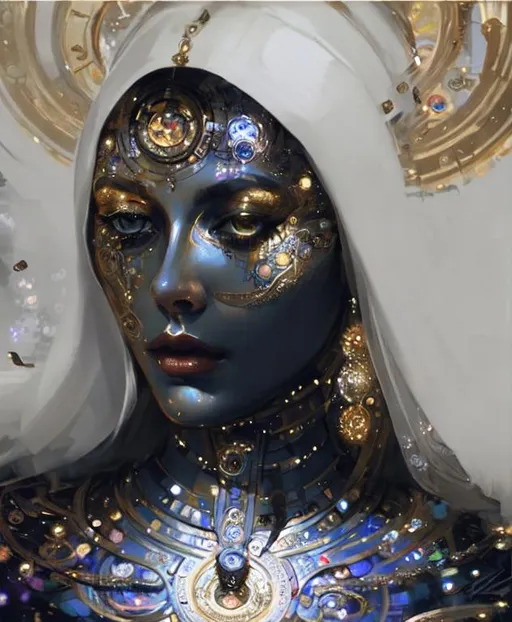 Prompt: the time goddess. She controls the time. stunning face. she is made of clock internal pieces.  Intricate iridescent metallic details. beautiful background. gerhartz, artgerm, rutkowski, van Gogh style 