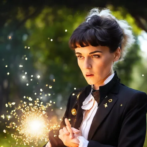 Prompt: Lady in a white dress shirt with a very puffy collar that has crazy gold sparkly magic spewing all around her collar because a magic spell just made contact with it