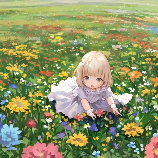 Prompt: 
Baby playing in a feild of flowers