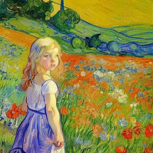 Prompt: Beautiful Romanian. Van gough style spring meadow flowers including blonde blue eyed Baby girl. Fine art. Welsh painting. Arianwen. Van gough painting meadow 