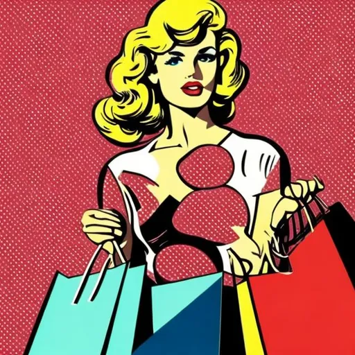 Prompt: Retro pop art of a woman shopping carrying lots of purchases in bags