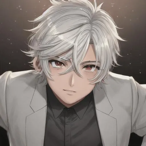 Prompt: menino anime masculino, cabelos grisalhos, heterocromia, olhos prata,bonito, menino 