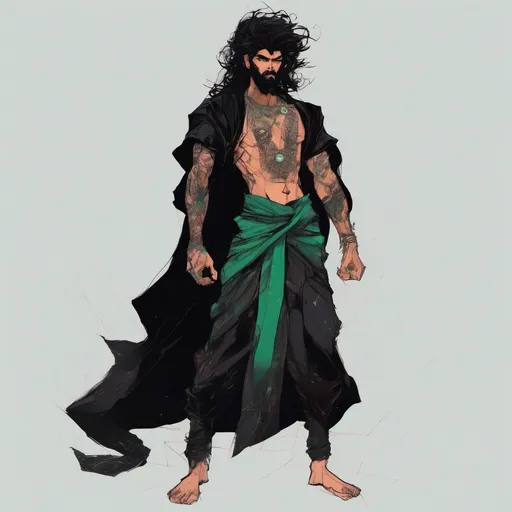 Prompt: a youthful Persian prince in simple black clothes. black robes. emerald eyes. black beard. Wild black hair. Black triangular tattoos all over his body His facial expression is manic and angry. Dark skin tone. black warpaint on his face. Full body. Neutral pose. Bare feet 