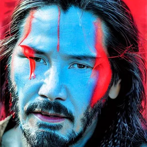 Prompt:  Keanu Reeves portrait photo of a asia old warrior chief, tribal panther make up, blue on red, side profile, looking away, serious eyes, 50mm portrait photography, hard rim lighting photography–beta –ar 2:3 –beta –upbeta –beta –upbeta –beta –upbeta