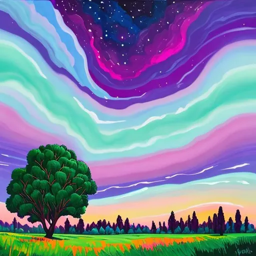 Prompt: landscape, nighttime, clouds, green and pink aurora in the night sky, acrylic on canvas, abtract, Bob Ross, Maude Lewis, small brushstrokes, thick paint, tonemapping, pantone, green color palette. 