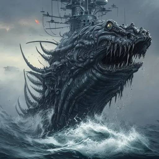 Prompt: demonic, sea monster, modern chinese navy, sea, battle