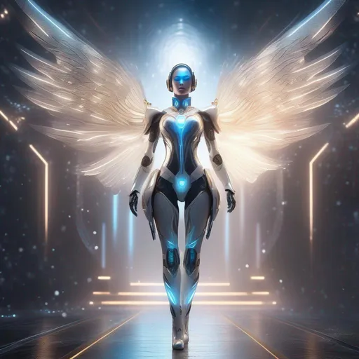 Prompt: Splash art, with swirling magical lights and dense fog, intricately detailed, full body, ultra-realistic, 3D Rendered image. Focused on an enticing, alluring, highly detailed, Futuristic female angel robot, facing the camera