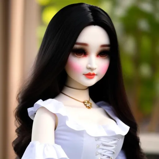 Prompt: An Asian woman turned into a porcelain doll wearing a victorian dress.