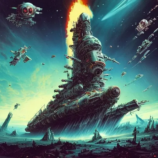 Prompt: space ship wrecks dead astronaut many colours epic fantastic extreme   war battle long ago ancient orbiting dead city planet 