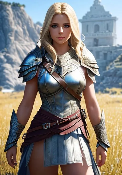 Prompt: an attractive Sarah Michelle Gellar from Assassin's Creed Odyssey  toned warrior dressed in white holy armor standing in a field with ultra realistic blonde hair and Ultra realistic eyes, realistic tan complexion , beautiful body, muscular body, fantasy character portrait, ultra realistic, concept art, intricate details, studio lighting, symmetrical, ideal human, ultra details, super detailed, 64k, detailed body, full body, looking into the camera smooth, sharp, focus; illustration, golden ratio. By Ilya Kuvshinov 
