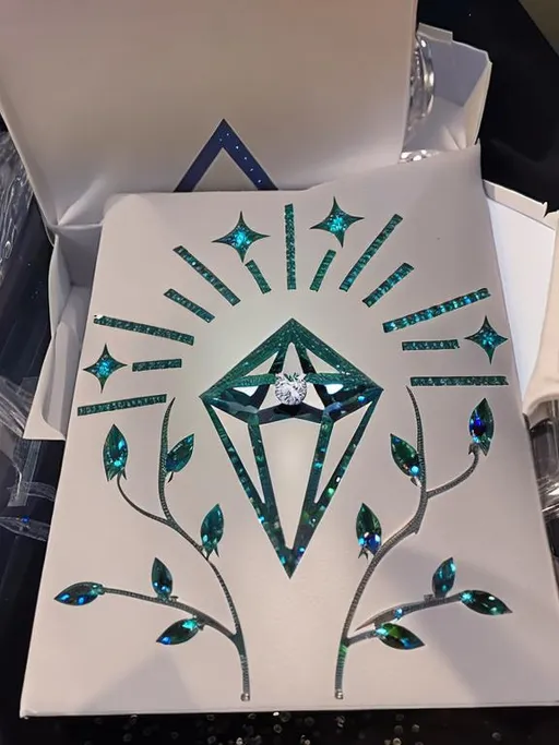Prompt: Business Logo, sparkling diamond upheld between two branches with leaves