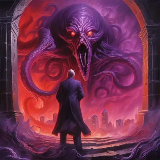 Prompt: Eldritch Elder God reaching through a portal over a terrorized city, red and purple haze, best quality, masterpiece, in Lovecraftian art style, oil painting, detailed,