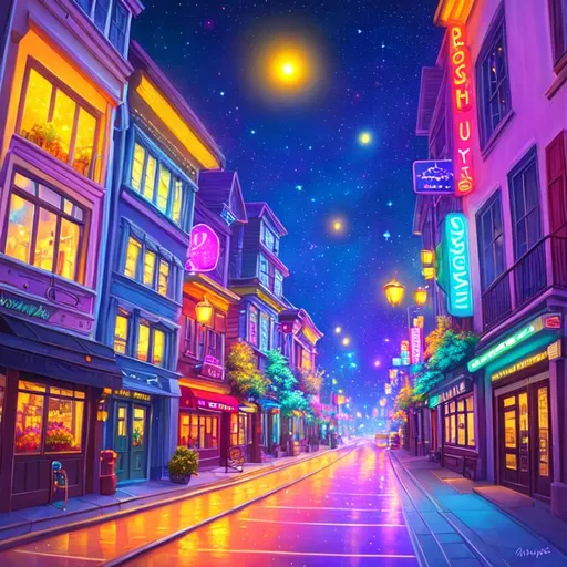 Prompt: a pixar style painting of a street in a city, galaxy sky, nighttime, soft light, art, painting, sweet, fireflies, vaporwave