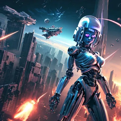 Robot woman destroying a city in space realism