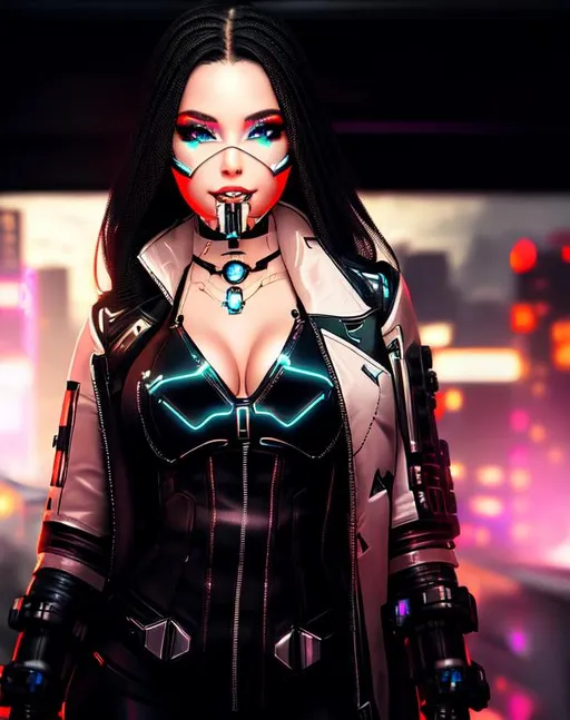 Prompt: futuristic female cyborg with a metal teeth mask, hyper realistic, dramatic lighting, 4k, high contrast, cyberpunk cityscape, neon lighting, club scene, trending on Artstation, nightfall, staring over her shoulder at the viewer