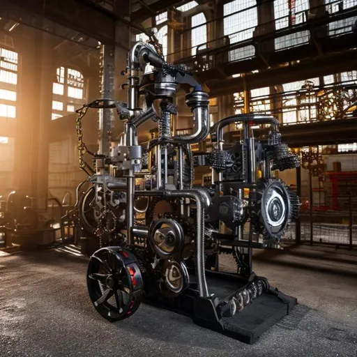 Prompt: complex machine that includes gears, V-belts, chains, sprockets, shafts, conveyor belt, shiny chrome surface, dry ice steam rising around it, ultrarealistic, sunsine, 8K