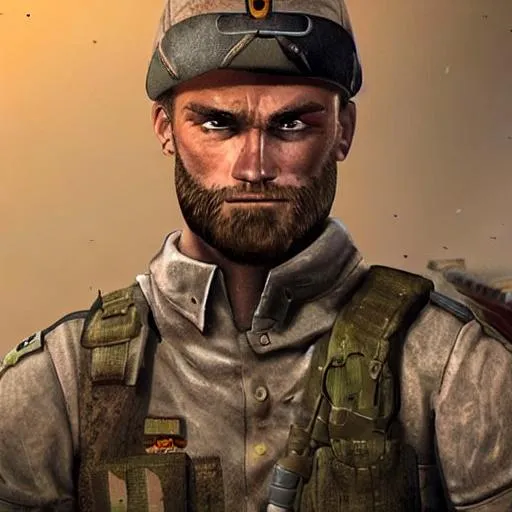 Prompt: Jake Cooper(game character) is a rugged and battle-hardened soldier, a member of the government's elite army. He stands at an imposing height of 6’2  with a muscular v shape.  short dark hair, Jake’s piercing, determined eyes. 
