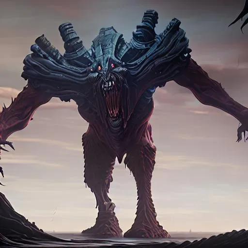 Prompt: a titan creature, powerful and destructive as it towers over continents, kilometres in length and wide in girth. This enormous titan is crafted of the most intense of nightmares