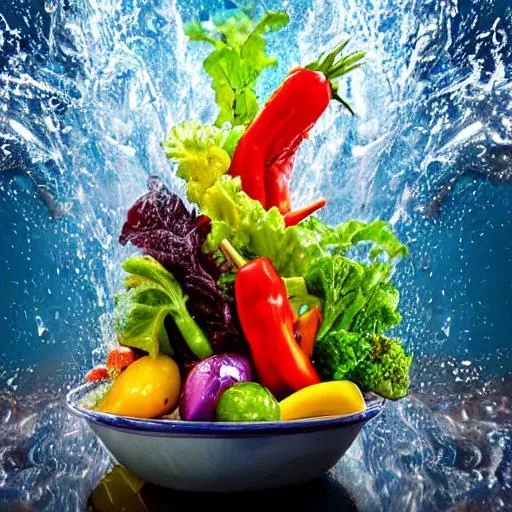Prompt: A 3d high res image of a tower of assorted vegetables, dynamic, movement, with dramatic water 
splashes,  centered, fantasy, crystal clear sharp focus and high contrast. Ultra realistic