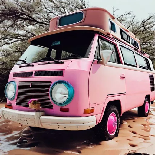 Prompt: Pink Westfalia on a Texas beach, route 66