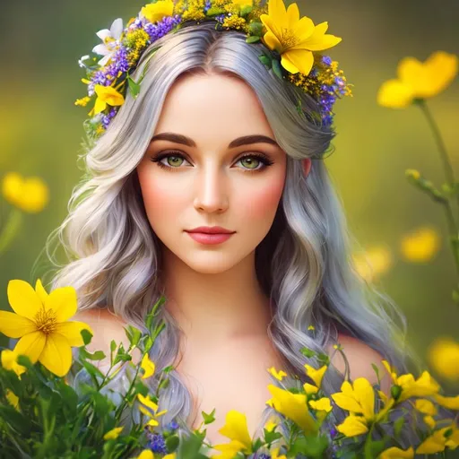 Prompt:  a fairy goddess, yellow flowers, ethereal beauty, soft light,surrounded by wildflowers, closeup