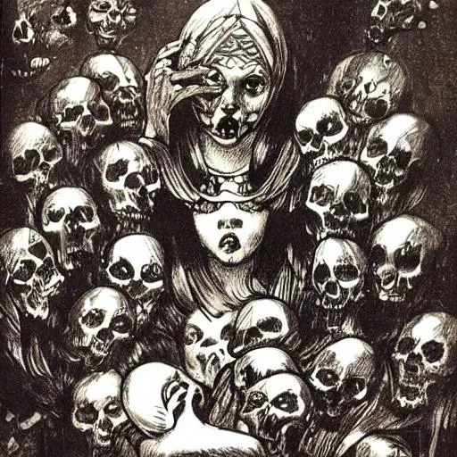 Prompt: a black and white drawing of a woman holding a skull, by Mihály Zichy, louis royo, by Franciszek Starowieyski, by Alfred Kubin, by Chris Rahn, by Eugène Carrière, felicien rops, lilith, by Austin Osman Spare, by Ignacy Witkiewicz