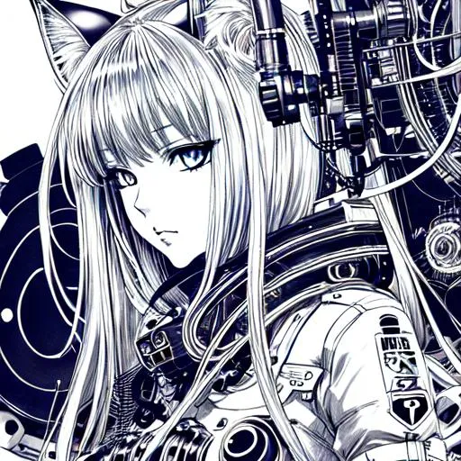 Prompt: cybernetic cat girl, illustration, ink art, Sergio Toppi, detailed, Range Murata, Yoshitaka Amano
