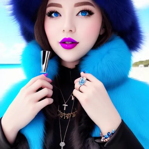 Prompt: Krystal Ball, eating ice cream blue lipstick, snowy beach, blue heart necklaces, Thick blue fur coat, Black Cape, pleasant face, blue eyes, Black-purple eyeshadow, long ice earrings. Cold color scheme, ultradetailed, 8k resolution, perfect, smooth, high quality, shiny. 